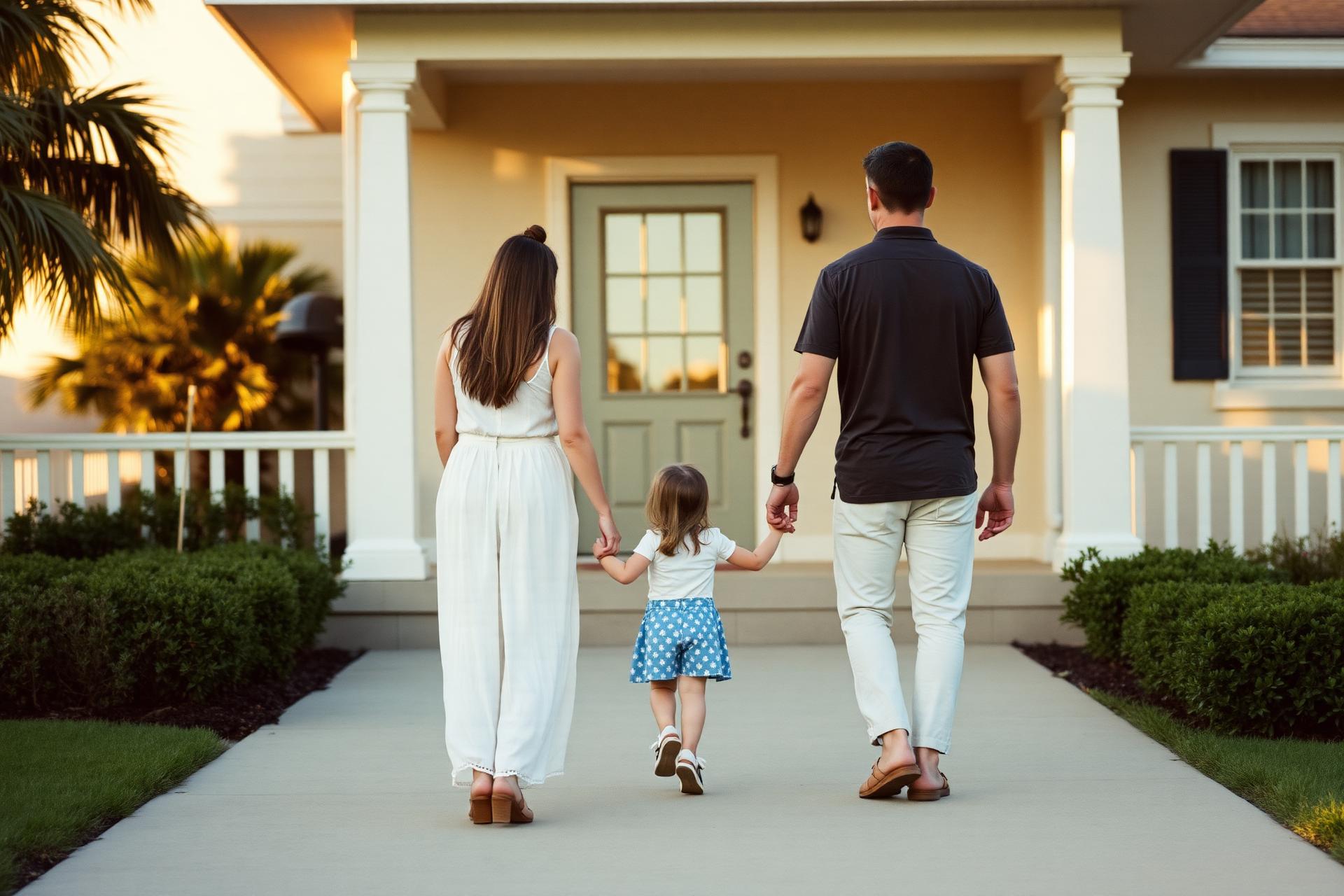 A family walking hand in hand toward the front door of their new home at golden hour